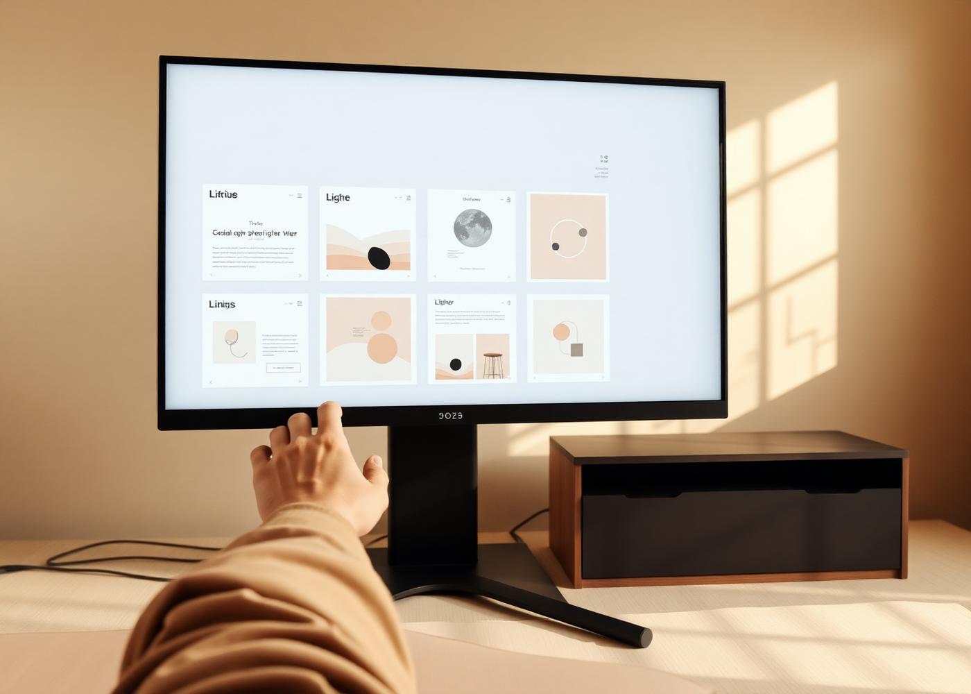 Designer reviewing lighter graphic layouts on a monitor in a sunlit minimal studio