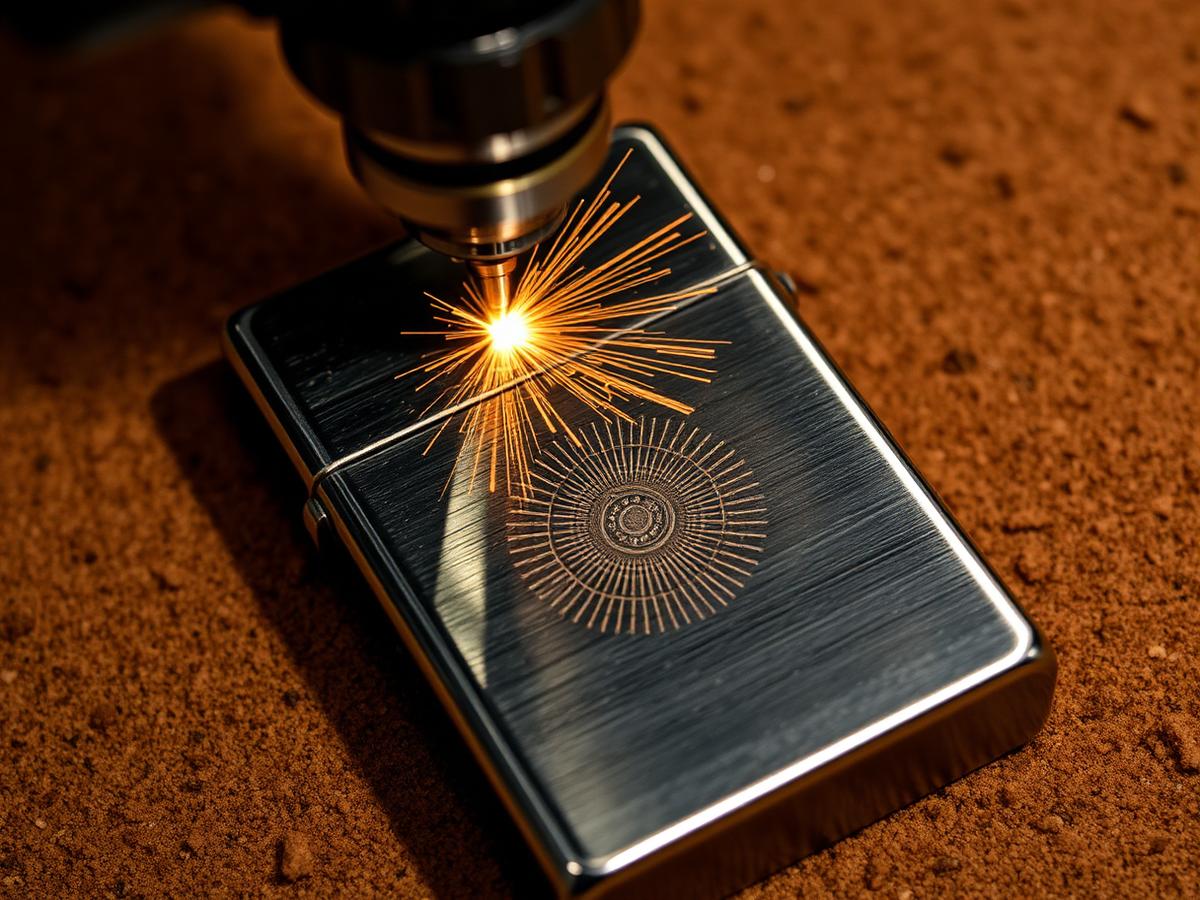 Laser engraving a fine radial pattern into a brushed metal lighter body