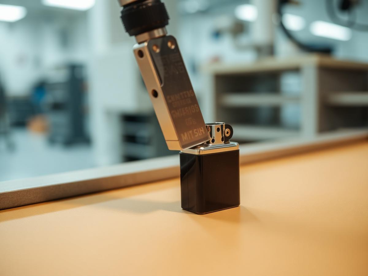 Print head aligned over a lighter casing on a factory bench