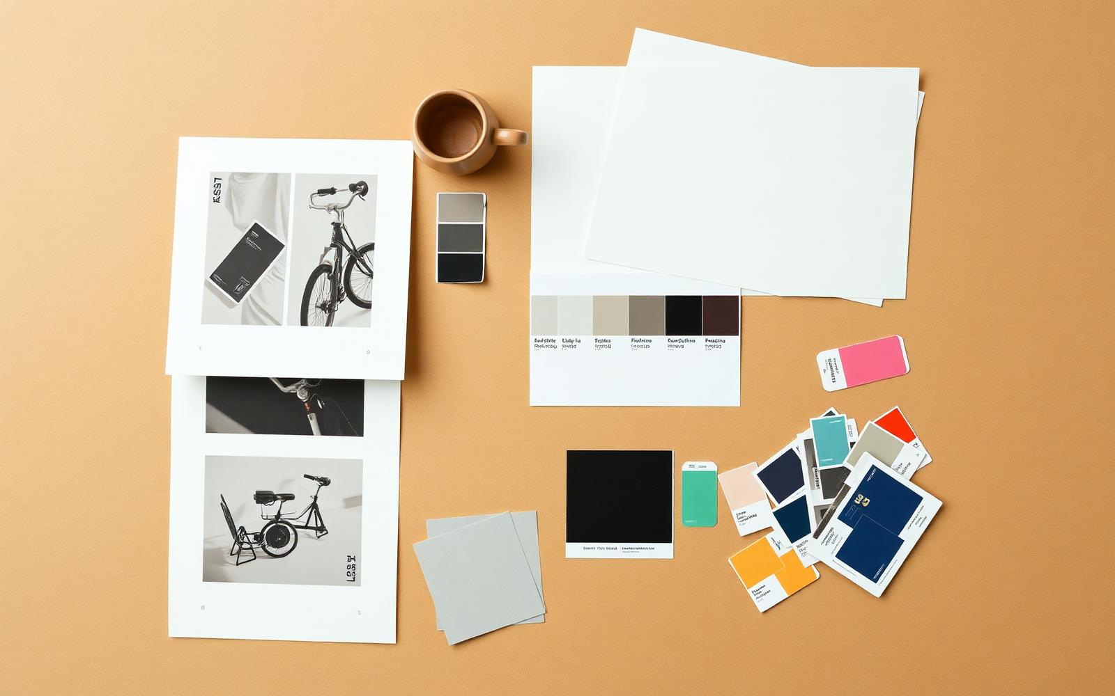 Flat lay of artwork proofs, Pantone chips and dielines on a sand desk